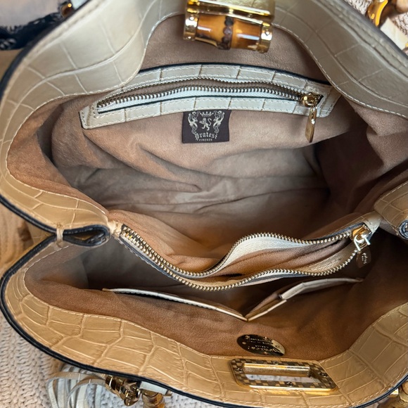 Elegant Pratesi Firenze Sarteano Bamboo Handle Cream Croc Embossed Leather - Picture 10 of 16